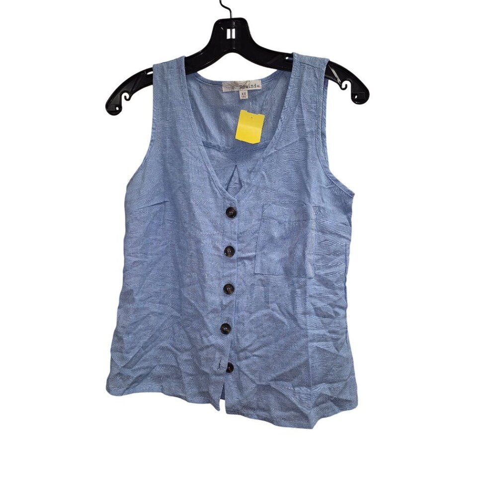 Rewind XS Blue Linen Blend Button-Front Sleeveless Top With Chest Pocket
